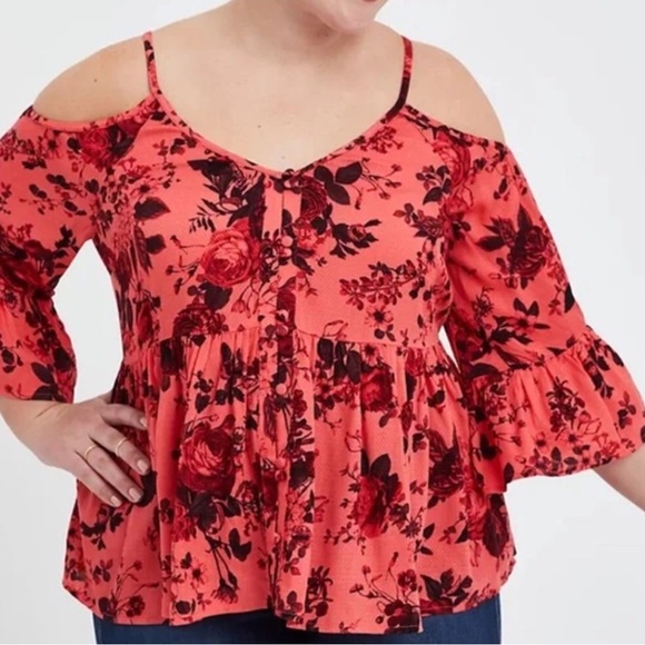 Torrid Cold Shoulder Floral Coral Top Size M (00) - Picture 1 of 5